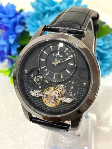 FOSSIL 파슬 자동 시계 블랙 가죽 벨트 뒷면 스켈레톤