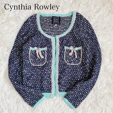 신시아 애로우 가디건 트위드 자켓 리본 비즈 네이비 울 혼방