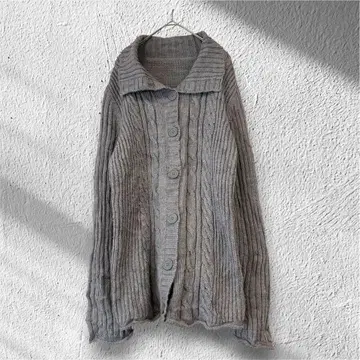 빈티지풍 카라 부착 두툼한 니트 가디건 케이블 짜임 그레이 Y2K