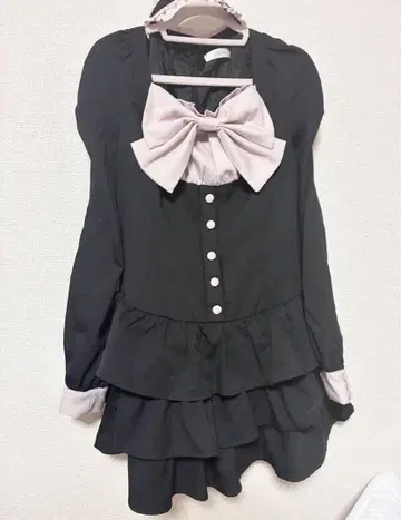 pium 프론트 리본 초커 티어드 미니 원피스 핑크