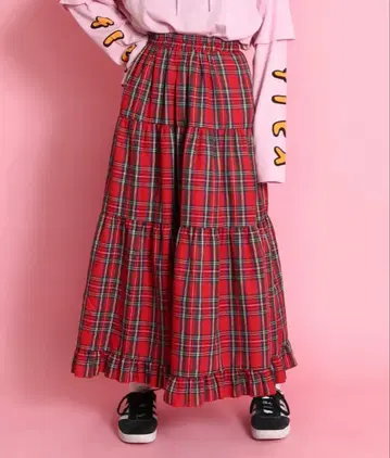 PUNYUS 타탄 체크 티어드 롱 스커트 레드 빨간색 체크