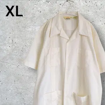 70s 빈티지 XL 반팔 쿠바 셔츠 자수 가이야베라 핀턱 화이트