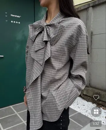 nugu yeln KICO 빅 리본 타이 체크 블라우스