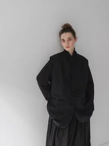 nest Robe 코튼 린넨 라미 피크 라펠 롱 베스트