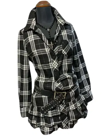 y2k 헤이세이 갸루 체크 라메 티어드 셔츠 원피스