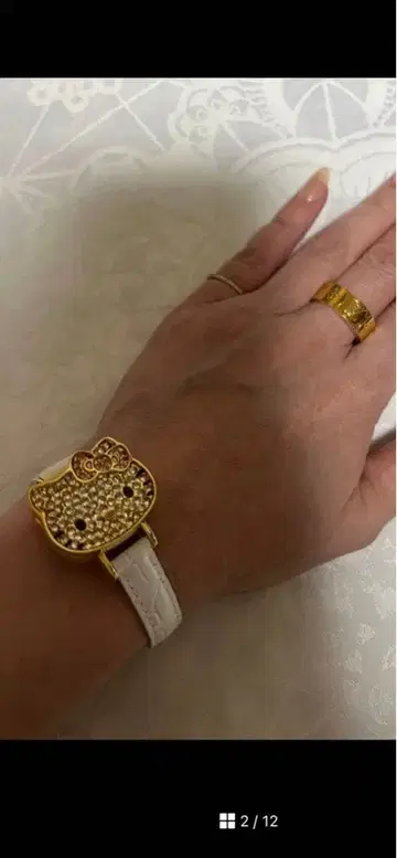 헬로키티 손목시계 화이트 소가죽 크로커다일 패턴 벨트