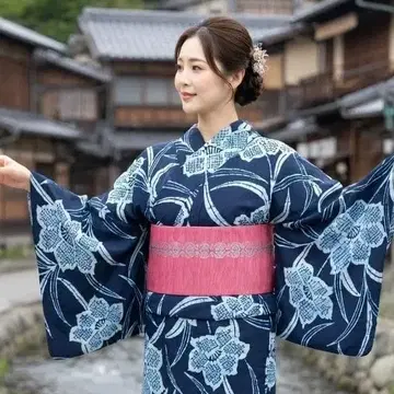 레트로 여성용 유카타 세트 기장 160cm 네이비 꽃무늬 반폭 오비 핑크
