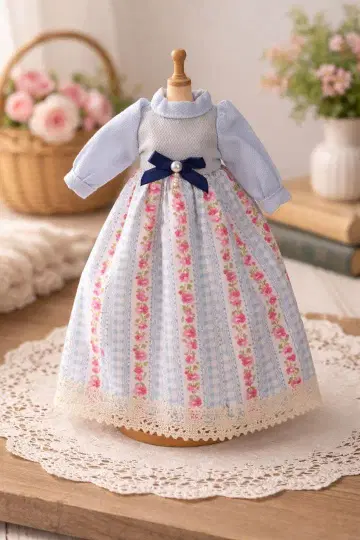 브라이스 사이즈 아이시 인형 꽃무늬 원피스 블루 리본 포함 레이스