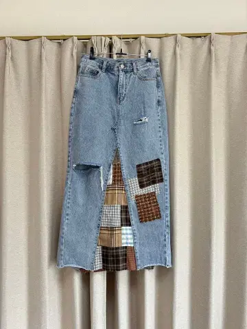 데님 리메이크 롱 스커트 체크 청바지 패치워크 M