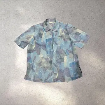 빈티지 올 패턴 시어 블라우스 크레이프 원단 느낌 레트로 파랑 보라색