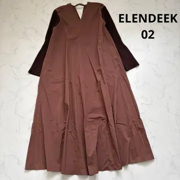 엘렌딕 리브 슬리브 플레어 원피스 M 브라운 V넥 롱 기장