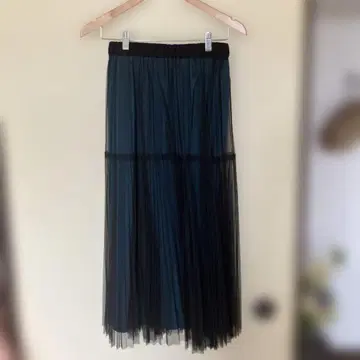 다크 틸 플리츠 튤 롱 스커트