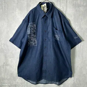 데드스탁 데님 자수 셔츠 반팔 인디고 L