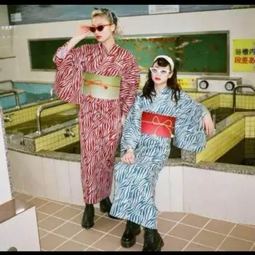 jouetie 블루 화이트 제브라 패턴 유카타 레드 오비 세트