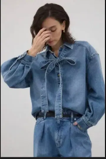 완판템 데님 블루 리본 포함 오버사이즈 셔츠