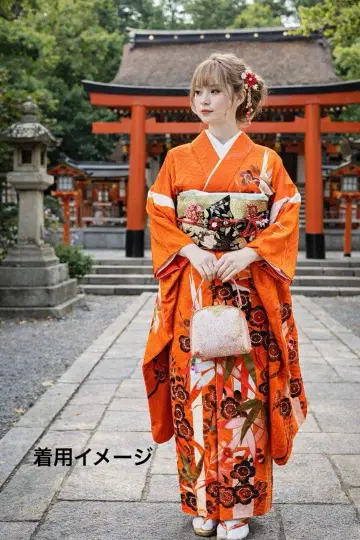 후리소데와 오비 2세트 블랙 먹 매화 패턴