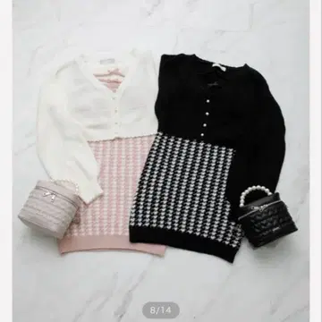 pium 하운드투스 체크 패턴 니트 원피스 가디건 세트 블랙