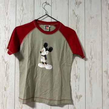 레어 90s 미키 래글런 T셔츠 디즈니 공식 구제 의류 M 빨간색 베이지