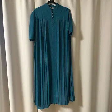 구제 의류 청록색 플리츠 롱 드레스 반팔