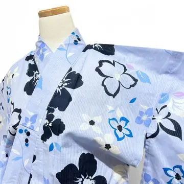미착용 유카타 면 꽃 무늬 블루칼라 기모노 052k p