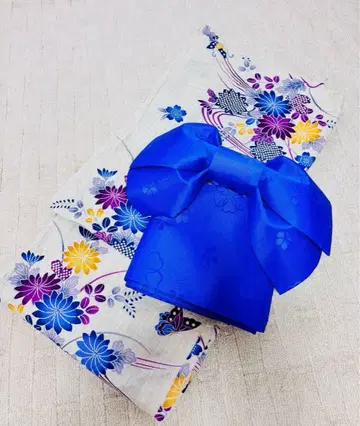 여성용 파랑 보라 꽃무늬 유카타 만들기 오비 세트 [새상품급]