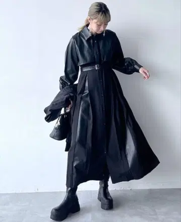 HARE 하레 바이컬러 턱 원피스 블랙 가죽 벨트 롱