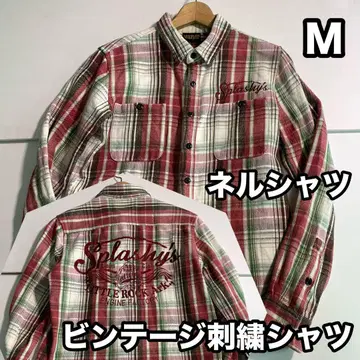 빈티지 셔츠 자수 셔츠 플란넬 셔츠 체크 셔츠 두꺼운 원단 백 자수 M