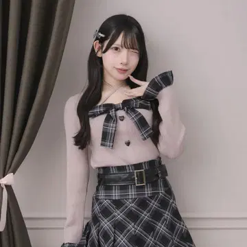 pium 체크 레이어드 리본 니트탑 핑크