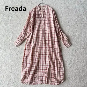 프리다 롱 셔츠 원피스 밴드 카라 체크 무늬 프리 핑크