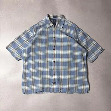 FILA 반팔 체크 셔츠 이탈리아제 라미 x 코튼 탁한 블루 린넨 면