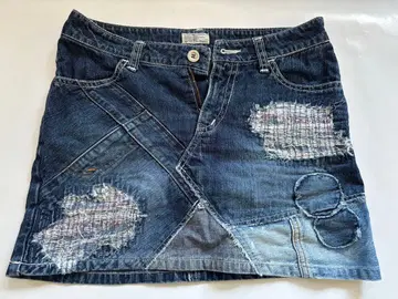 UTAGE 리메이크풍 데님 미니 스커트 패치워크 데미지 가공 다크 네이비