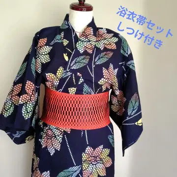 유카타 오비 세트 시츠케 포함 네이비 바탕 꽃무늬 귀여운