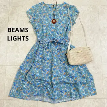 BEAMS LIGHTS 꽃무늬 원피스 38 블루 봄/여름 리본 포함