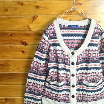 가디건 페어아일 패턴 노르딕 무늬 기하학 패턴 싸개 단추 M 구제 의류