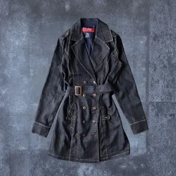데님 트렌치코트 Y2K 그런지 기믹 벨트 더블 버튼