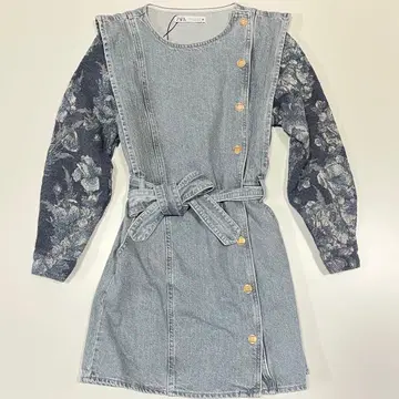 [ 새상품 ] ZARA 데님 대비 원피스 보타니컬 꽃무늬 자카드
