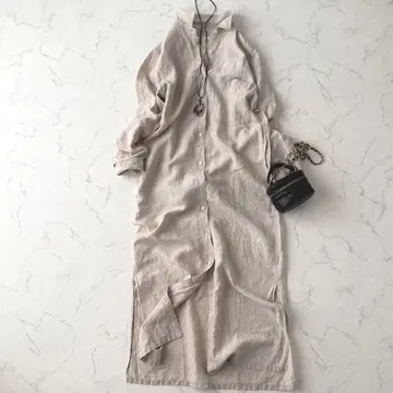 새상품급 플라주 롱 셔츠 원피스 세탁 가능 베이지 린넨 100