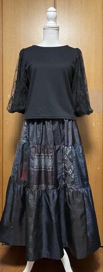 기모노 리메이크 남색 계열 올 패턴 오시마 패치워크 캉캉 스커트