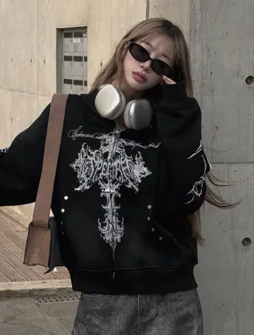 ksg 워시드 크로스 집업 후드티 블랙