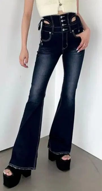 EMODA 리본 스트링 플레어 하이웨스트 페이크진 인디고 블루 새상품급