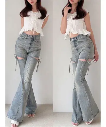 RESEXXY 컷 아웃 리본 데님 팬츠 라이트 블루 S