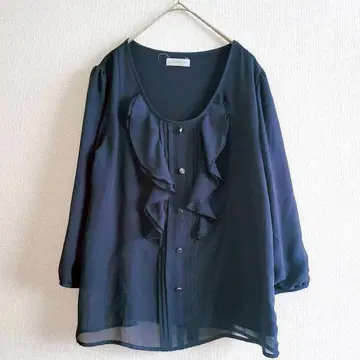 에스프리뮬 블라우스 티셔츠 가슴 프릴 비침 포멀 블랙 L