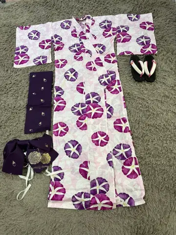 유카타 오비 세트 보라색과 핑크색 꽃무늬