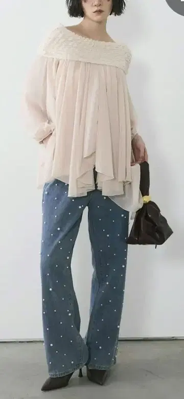 [Frene 정품] 프라네 오프숄더 쉬폰 블라우스 핑크 택 없음