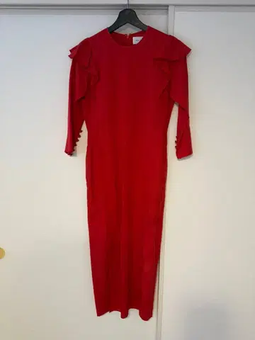 holiday 레드 프릴 7부 소매 롱 원피스