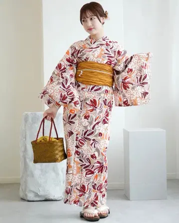 [새상품] 니코앤티크 유카타 3점 세트 애프리콧 오렌지 꽃 프리 사이즈
