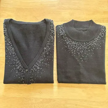 비즈 장식 가디건 & 반팔 얇은 소재 니트 세트