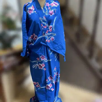 파랑 꽃무늬 토끼 자수 유카타 오비 일본 나막신 세트