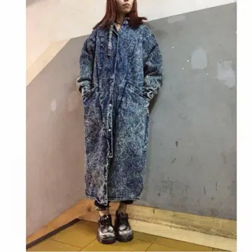 80s 케미컬 워시 노카라 데님 롱 코트