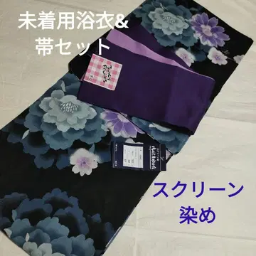 미착용 유카타 오비 세트 꽃무늬 블랙 베이스